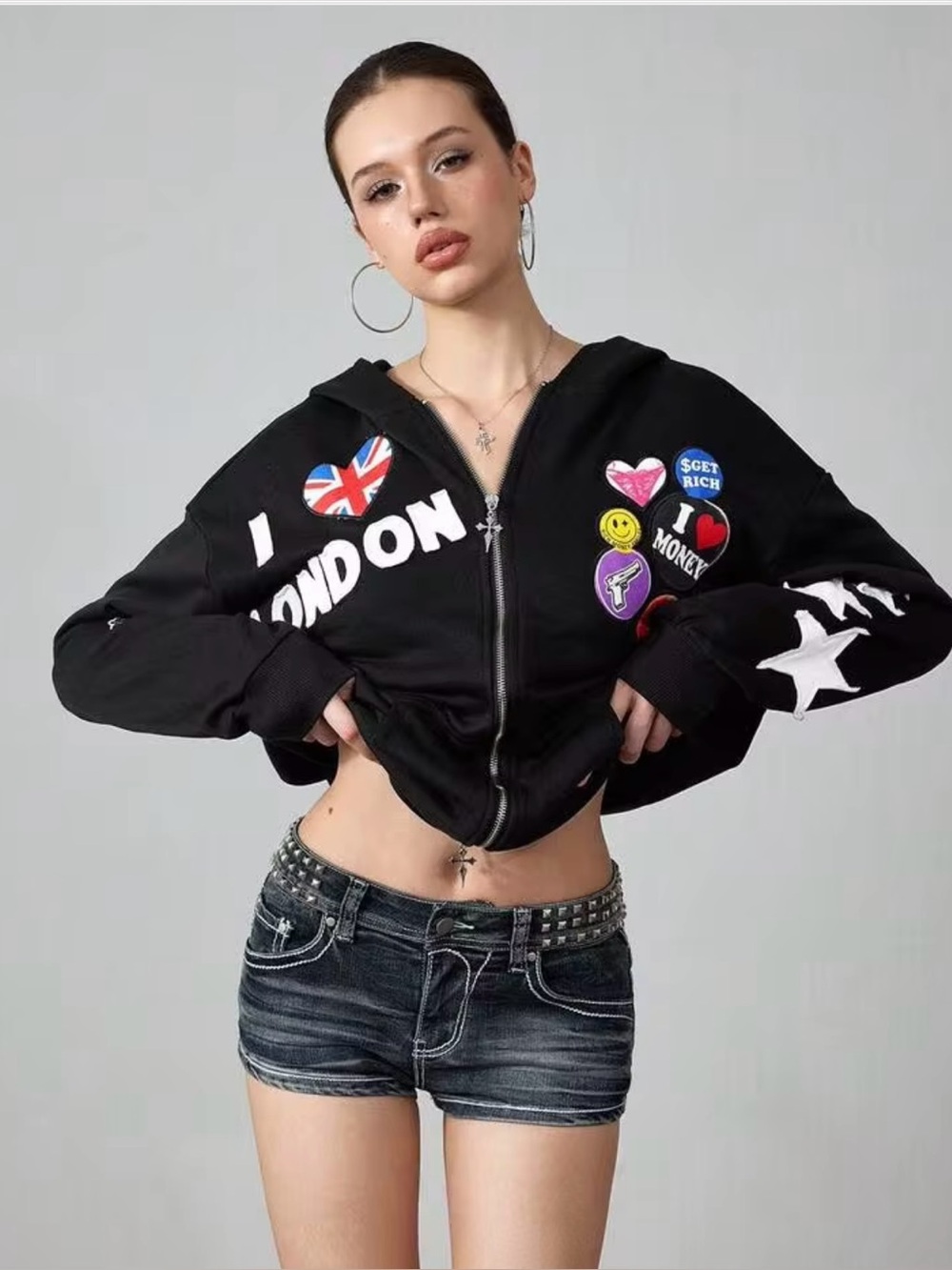 ROMWE Black Cropped Zip Hoodie with Badge Patches